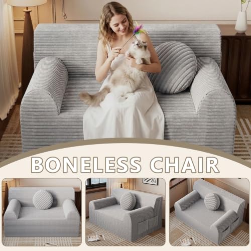 42" Boneless Oversized Chair with Side Pocket, Sofa Small Single Couch in a Box, Deep Seating Boneless Chair for Bedroom Living Room Office Apartment, No Assembly, Light Grey - color: Light Grey, size: 42'' Style 3