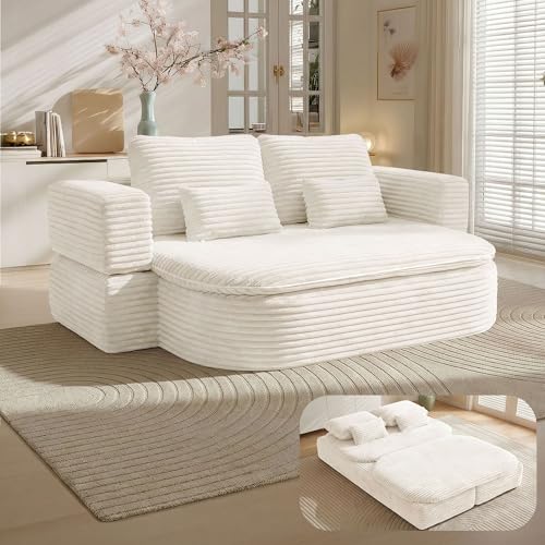75'' Folding Sleeper Sofa Bed, Memory Foam Boneless Couch | Full Size Guest Bed Mattress, Modern 2-in-1 Floor Deep Seat Sleeper Sofa with 4 Pillows and Blanket | Corduroy Beige - color: Beige, style: Corduroy