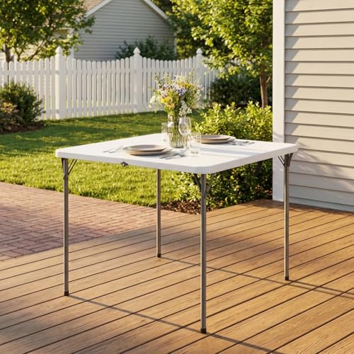 34" Square Folding Table for 4 Person, 330lbs Weight Capacity Foldable Table with HDPE Tabletop & Heavy-Duty Steel Legs, Large Portable Picnic Table for Indoor Outdoor Parties, Camping, White - color: White