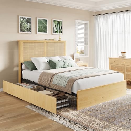 Garvee Full Rattan Bed 4 Drawers Bohemian Headboard for Bedroom | Bohemian full rattan bed with natural headboard, 4 drawers, LED lights,No box spring needed for bedroom use. - size: Full(4 Drawers)