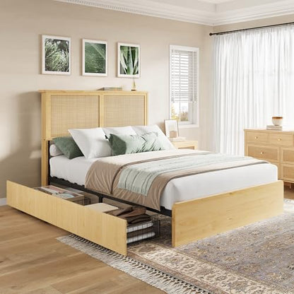 Garvee Full Rattan Bed 4 Drawers Bohemian Headboard for Bedroom | Bohemian full rattan bed with natural headboard, 4 drawers, LED lights,No box spring needed for bedroom use. - size: Full(4 Drawers)