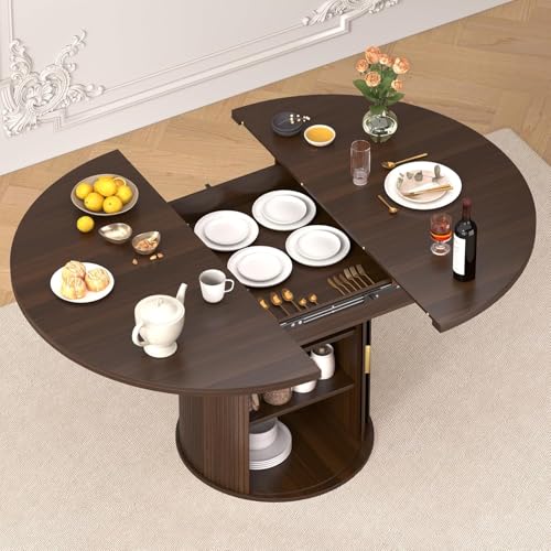 Extendable Round Dining Table: 47″–63″ Kitchen Table for 4 6 8 with Dust-Proof 2-Tier Storage Shelf Space Saving, Modern Farmhouse Expandable Wood Oval Circle Dinner Furniture with Pedestal Base