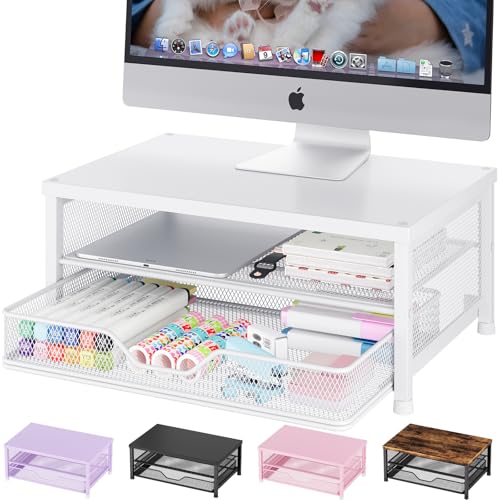 Computer Monitor Stand Riser, Desk Organizer with Drawer, Printer & Laptop Stand, Office Desk Accessories & Workspace Desktop Organizers Storage for Office Supplies(White) - color: White