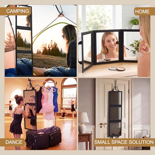 Novabright 3-Panel Over The Door Full Length Mirror, Foldable Hanging Acrylic Body/Makeup Mirror with Height Adjustable Hook for Bedroom Closet Bathroom, Dance Travel Camping (Black)