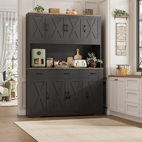 HOSTACK 71" Tall Kitchen Pantry Storage Cabinet, 55" W Kitchen Hutch, Black | Large Pantry Cabinet with Charging Station / Countertop / 3 Drawers, Farmhouse Hutch Cabinet with Storage for Dining Room - color: Black