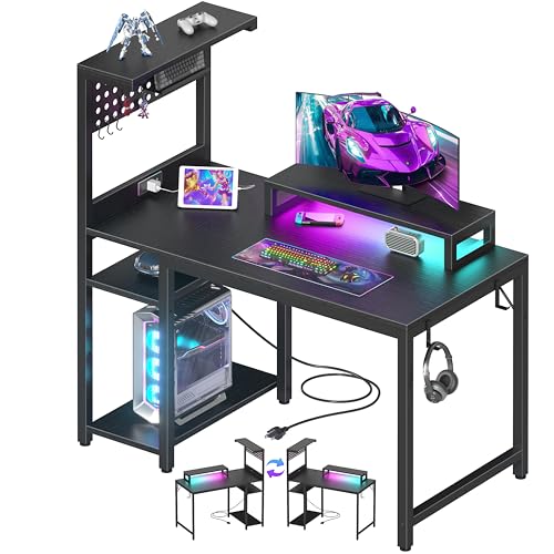 40 inch Small Gaming Desk with Pegboard Shelves Computer Desks with Led Lights Power Outlets PC Monitor Stand Reversible Storage Shelf Table for Bedroom Small Space, Black