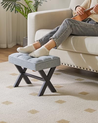 IBUYKE Small 12" H Footrest, Square Linen Step Stool, Blue Gray WBD011L | Foot Stool Metal X-Leg Multi-Use Small Side Table Living Room Bedroom Entryway Office - color: Blue Grey, size: 12.2"-Linen