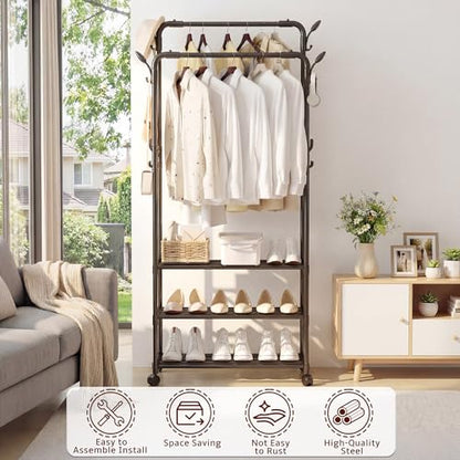 Double Rod Rolling Metal Clothes Rack | Freestanding Garment Organizer With Wheels, Hooks & Shelves, Multi-Functional Storage For Shoes, Clothes & Bags, Ideal For Bedroom Laundry Living Room