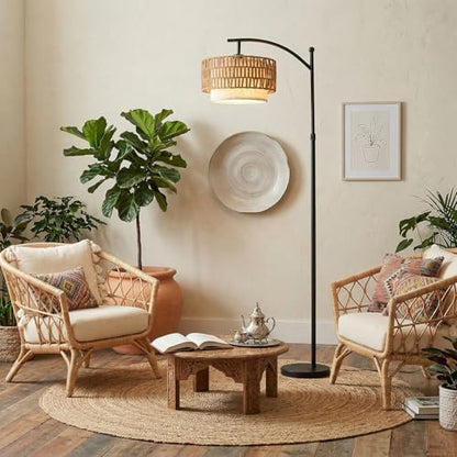 Rattan Floor Lamp with 12W LED Bulb, 57.5"-67" Adjustable Height Boho Standing Lamp, 3 Color Temperatures, Dual Rattan & Fabric Shades, Angle Adjustable Floor Lamp for Living Room Bedroom - style: Bohemian-Black