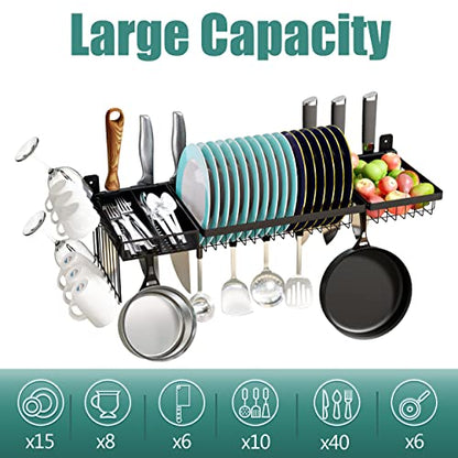 Adjustable Stainless Steel Wall Mounted Over the Sink Dish Drying Rack, Large Capacity Pot Rack Dish Rack with Utensil Holder for Kitchen Storage Organizer Patent Pending (Black) - color: New Design - Over Sink Dish & Pot Rack