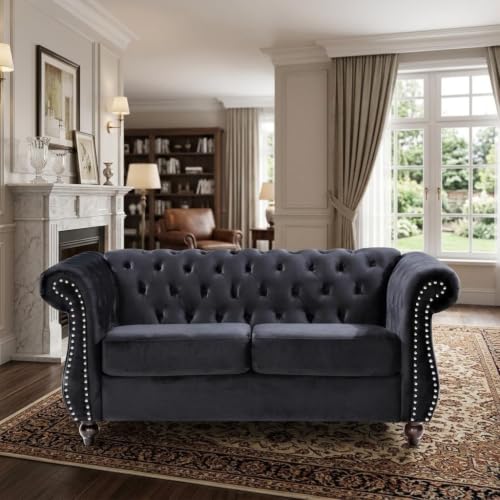 GDFStudio 82.6" Velvet Sofa Set, Modern Living Room Couch Set, Upholstered Sofa Loveseat Chair Set, Chesterfield with Button Tufted Back Rolled Arms Wood Tapered Feet for Apartment Living Room, Black - color: Black, size: 3+2+1 Seat