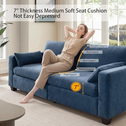 Modern Loveseat Sofa Chenille Fabric Couches (Blue) | Spring Cushions, Removable Cover, Solid Wood Frame, Wide Armrest, for Living Room, Small Space - color: Blue