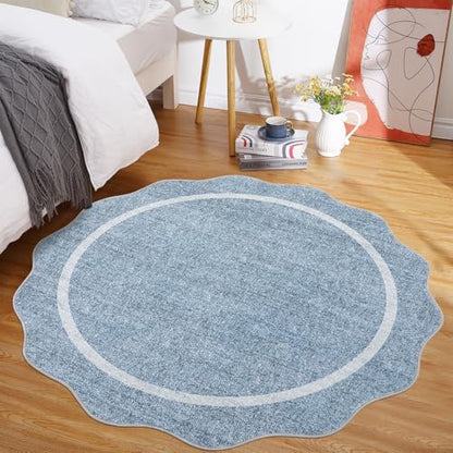 GarveeHome Scalloped Washable Round Rugs Non-Slip Soft Round Rug 4ft, Blue | Ultra-Thin Small Boho Circle Stain Resistant Low Pile Carpet for Entryway Kitchen Bedroom Nursery Bathroom - color: Blue, size: 4' (Round)