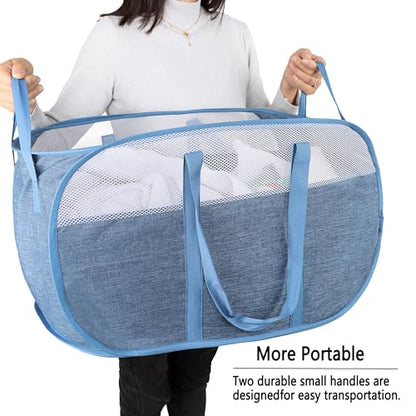 Pop Up Laundry Hamper，with Durable Handles collapsible laundry basket，Easy to Open and Fold for college Dorm,kids room，travel (blue+gray)… - color: blue+gray