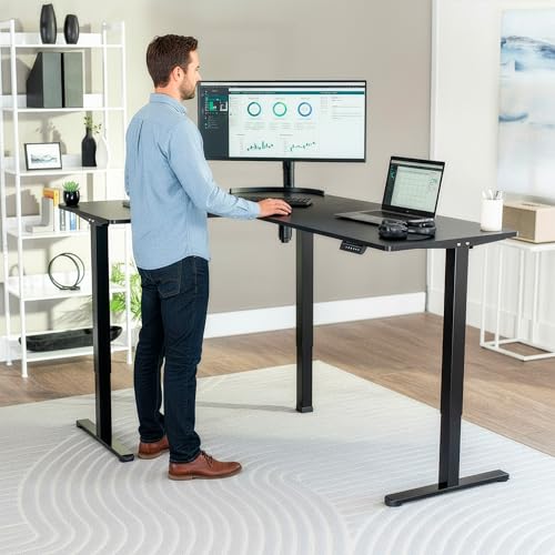 VIVO Black 63 x 47 in Corner Standing Desk, DESK-E3CTB-47 | Electric, Holds 225 lbs, Reversible L-Shaped Table, Sit Stand, Height Adjustable, Memory Presets, Black Frame - color: Black Top / Black Frame, size: 47 x 63