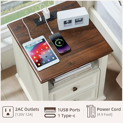 Farmhouse Side Table with Charging Station, White | Antique Nightstands for Bedroom with Drawers, Bedside Table with Open Shelf & Thickened Top & Square Wooden Legs - color: White, size: 18"D x 18"W x 25"H (2 Drawers)