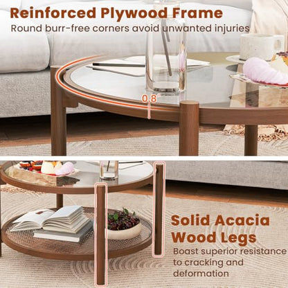 GIANTEX Rattan Coffee Table, Boho Round Glass Tea Table with PE Rattan Storage Shelf & Wood Frame, 2 Tier Accent Center Table for Living Room, Apartment, Small Space - color: Brown