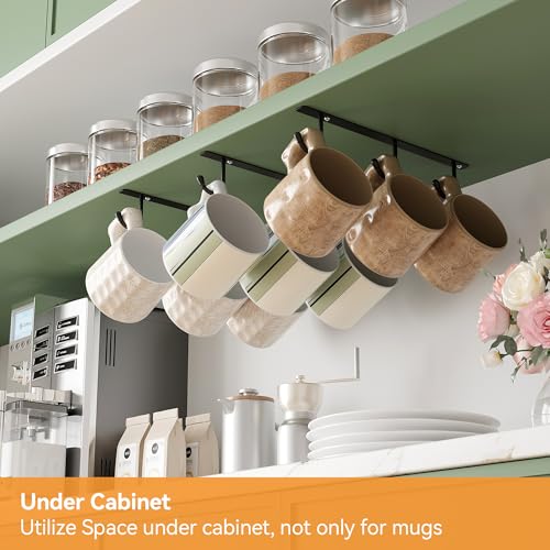 ECROCY Coffee Mug Holder Screw Mounting, 3 Pack Coffee Cup Holder with 9 Hooks, Sturdy Mug Hooks Under Cabinet with Wide Hook Spacing - color: Black