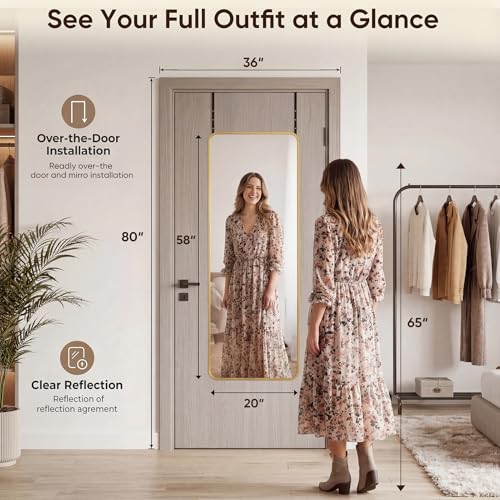 Antok 58"x20" Over the Door Mirror, Full Length Mirror Door Hanging with Aluminum Metal Frame, Rectangle Wall Mounted Body Mirrors for Bedroom, No-Drill Space Saving Dressing Mirrors, Gold - color: Gold, size: 58"L x 20"W