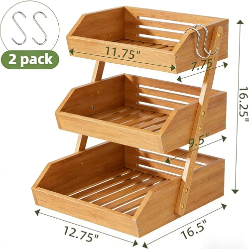 Simple Trending 3-Tier Natural Bamboo Fruit & Vegetable Basket Organizer, Ventilated Countertop Kitchen Storage with 2 Removable Banana Hooks, Sturdy for Fruits, Veggies, Snacks, Bread, Easy Assemble