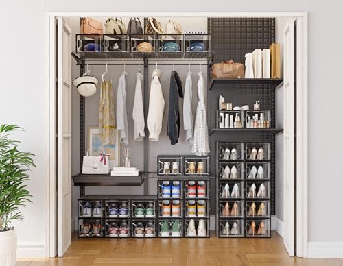 SIMPDIY XL Clear Shoe Storage Boxes, Stackable Shoe Organizer for Closet | 12 Pack, for Size 13, Magnetic Door, Aromatherapy Stick, Plastic, Shoe Rack for Closet, Entryways, Under-bed Storage - color: Black