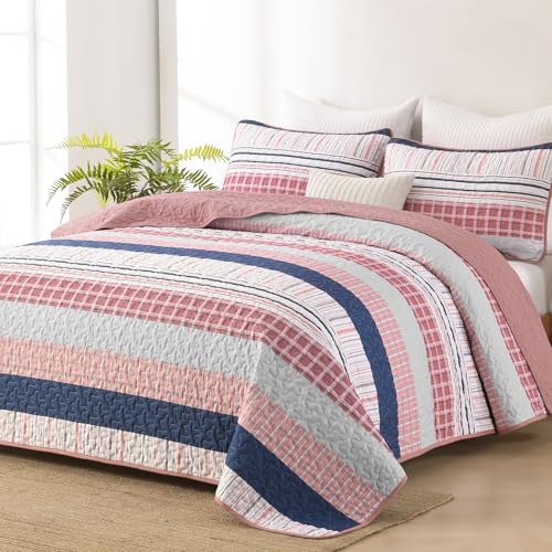 DJY Striped King Size Quilt Set, Pink Boho Bedspread Coverlet Set with 2 Pillowcases, 3 Pieces Soft Lightweight Microfiber Patchwork Quilt Bedding Set for All Season (104"x90") - color: Pink, size: King