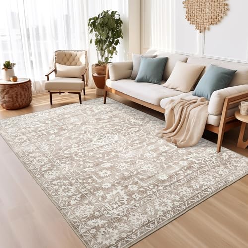 Soalmost 5x7 Area Rugs for Living Room, Washable Neutral Soft Rug | Vintage Floral Non-Slip Low Pile Throw Large Carpet for Dining Room Bedroom Kitchen Home Office Nursery Light Brown 5'x7' - color: Light Brown, size: 5' x 7' (Rectangular)
