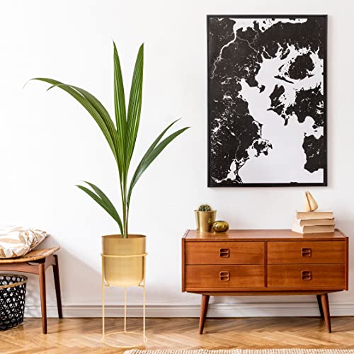 Olly & Rose Matt Metal Plant Pot with Gold Plant Stand - Tall 20 Inch Height Large Plant Pot Indoors with Stand - Large Decorative Planter