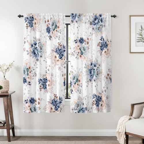 Floral Curtains 63 Inches Long for Living Room 2 Panels,Blue Flower Vintage Farmhouse Curtains Semi Sheer Light Filtering Pink Curtain for Bedroom,Rod Pocket Drapes Boho Curtain Room Decor - color: Blue Floral, size: 42"W x 63"L (Pack of 2)