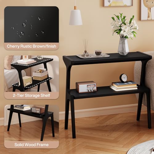 Solid Wood End Table | 2-Tier Side Table with Storage Shelf, Accent Slim Bedside Table for Sofa, Living Room, Bedroom, Small Space, Black - color: Black