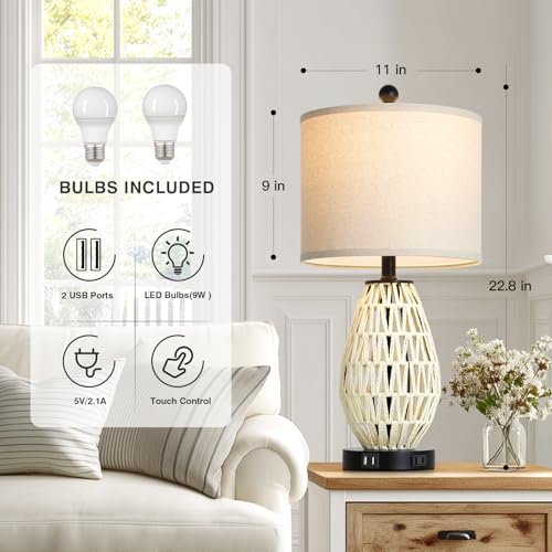 CINSARY Touch Control Rattan Table Lamps, 3 Way Dimmable Bedside Lamps for Bedroom Set of 2 with 2 USB Ports and AC Outlet, Wicker Nightstand Lamps for Living Room (LED Bulbs Included), White - color: White