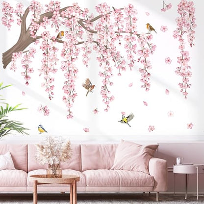 decalmile Pink Flower Tree Branch Cherry Blossom Wall Decals Stickers (XL) - style: Flower Tree