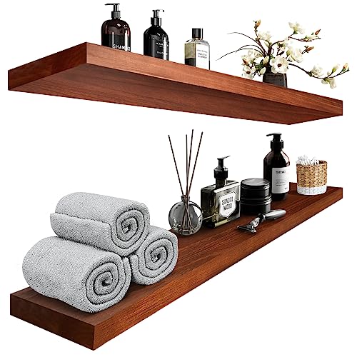 Habudda Floating Shelves, Wall Hanging Wood Shelf for Rustic Home Decor, Bathroom, Bedroom, Kitchen Display, Natural Wood, Invisible Bracket, 30", 2-Pack (30"×6.7"×1.6", Red Brown) - color: Red Brown, size: 30"×6.7"×1.6"