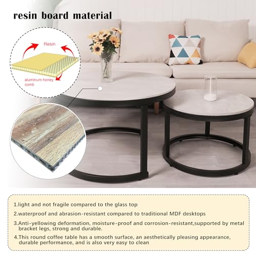 Nesting Coffee Table Set of 2, Round Stacking Coffee Tables with Nesting Coffee Table Set of 2, Round Stacking Coffee Tables with Resin Top & Metal Frame - color: Media Size + Black Frame