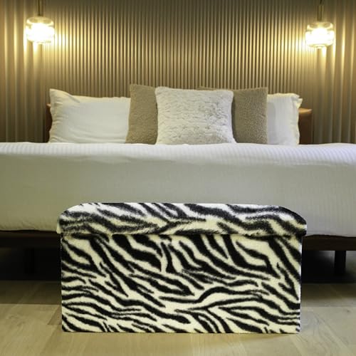 Luxe Faux Fur Storage Ottoman, Zebra Black/White, 30 x 15 x 15 in | Engineered Wood, Tool-Free Assembly, Modern Style, Seat And Footrest - color: Zebra Black/White, size: 30"D x 15"W x 15"H