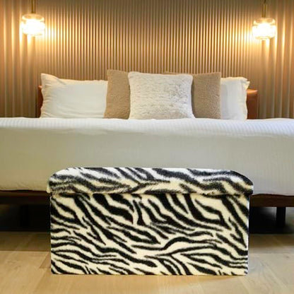 Luxe Faux Fur Storage Ottoman, Zebra Black/White, 30 x 15 x 15 in | Engineered Wood, Tool-Free Assembly, Modern Style, Seat And Footrest - color: Zebra Black/White, size: 30"D x 15"W x 15"H