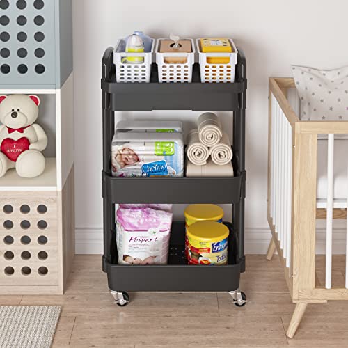 Calmootey 3-Tier Rolling Utility Cart with Drawer,Multifunctional Storage Organizer with Plastic Shelf & Metal Wheels,Storage Cart for Kitchen,Bathroom,Living Room,Office,Black | Space-Saving Organizer, Sturdy Plastic Shelves, Smooth-Rolling Metal Wheels,