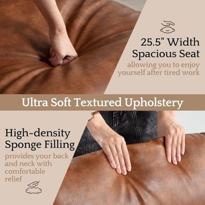 LukeAlon Modern PU Leather Accent Armchair, Brown | Pu Leather Upholstered Living Room Chair With Brass Frame & Thickened Cushion, Comfy Single Lounge Sofa for Bedroom, Office - color: Brown-lychee Grain