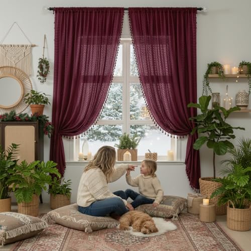 WAZZIO Boho Lace Curtains 63 Inches 2 Panel,Light Filtering Privacy Tassel & Geometry Crochet Semi Sheer Curtain Drapes for Bedroom Living Dining Room,Rod Pocket & Tassel,Burgundy Red - color: Burgundy, size: 59"W x 63"L (Pack of 2)