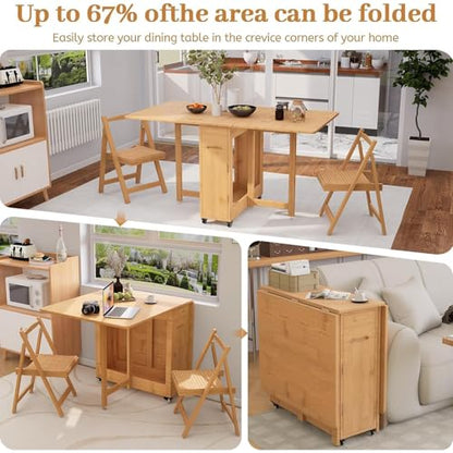 Folding Dining Table Set with 6 Chairs, Mobile Solid Wood Expandable Table, Space-Saving Drop Leaf Table, Multi-Functional Kitchen Island Cart for Small Apartment, Dining Room - 1.4m
