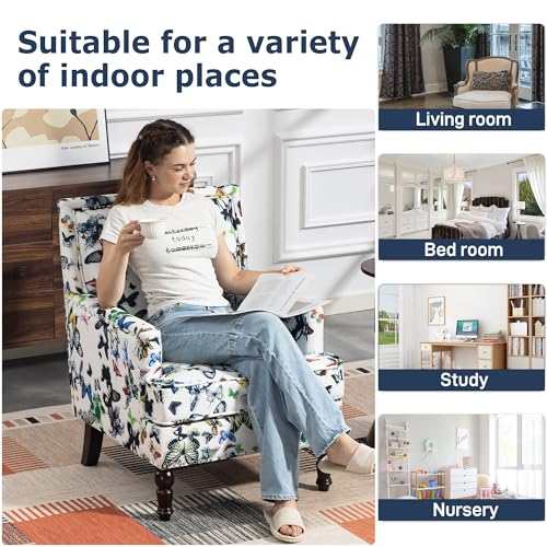 Accent Chair, Modern Comfy Accent Chairs Lounge Arm Chair | Mid-Century Linen Upholstered Wingback with Solid Wood,Single Floral Pattern Sofa Chair for Living Room/Balcony/Bedroom - color: Sackcloth001-butterfly