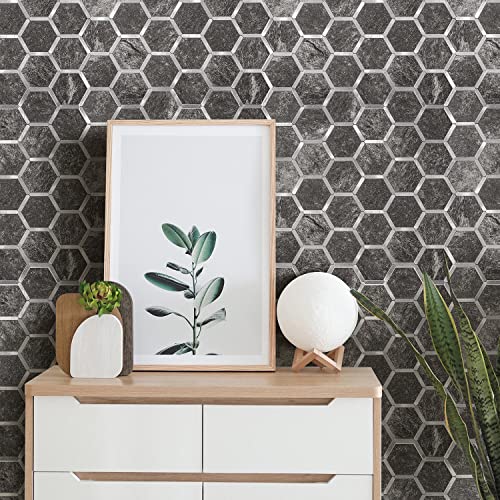STICKGOO Hexagon Peel and Stick Backsplash Tile, Stick on Backsplash for Kitchen and Bathroom, Black Slate Look PVC Mixed Metal Silver Self Adhesive Wall Tiles(10 Sheets, Seamless) - color: Black Slate with Metal Silver