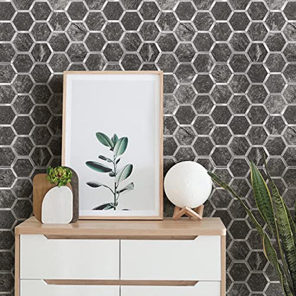 STICKGOO Hexagon Peel and Stick Backsplash Tile, Stick on Backsplash for Kitchen and Bathroom, Black Slate Look PVC Mixed Metal Silver Self Adhesive Wall Tiles(10 Sheets, Seamless) - color: Black Slate with Metal Silver