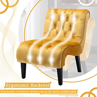 Comfy Velvet Accent Chair, Tufted Armless Side Chair with Rolled Edge | Modern Small Lounger for Living Room, Upholstered Reading Chaise Lounge with Solid Rubber Wood Legs, Yellow - color: Yellow, size: Set of 1