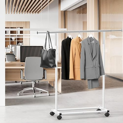 Simple Houseware Standard Rod Garment Clothing Rack, White | Single Rail, Extendable Width from 30 to 47 Inches, Rolling Clothing Organizer for Bedroom, Laundry, Living Room - color: White