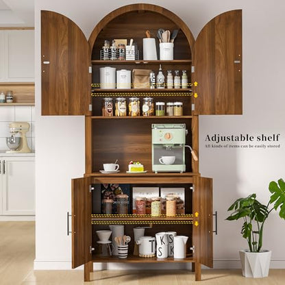 76" Tall Arched Kitchen Pantry, Large Kitchen Storage Cabinet with Fluted Doors and Microwave Stand, Modern Wood Buffet Sideboard, Adjustable Shelves, Cupboard for Dining Room, Living Room, Walnut - color: Walnut