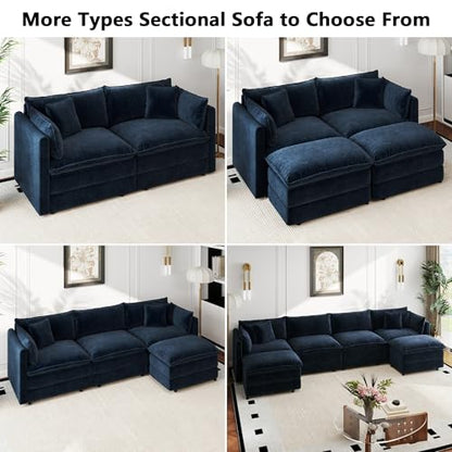 Aoowow Modular Sectional Sofa Modern Convertible L Shaped Couch,112.2 Inch Deep 3-Seater Sofas Set Comfy Chenille Cloud Sofas and Couches with Movable Ottoman for Living Room Apartment（Blue） - color: Blue, size: 3 Seat + Ottoman