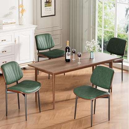 Dining Chairs Set of 2, Mid-Century Modern Upholstered PU Leather Chairs | with Walnut Bentwood Back and Metal Legs Adjustable Feet for Kitchen Dining Room, Dark Green Shell Strips - color: Dark Green Shell Strips