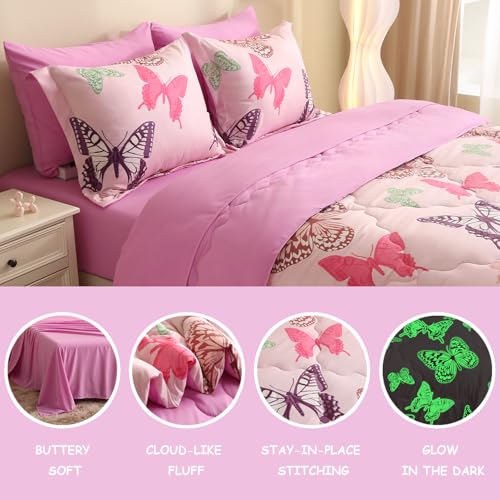Pink Girls Butterfly Bedding Set Twin Size 7 Piece Glow in The Dark Butterfly Comforter with Sheets & Pillowcases Soft Microfiber Bed in A Bag for Kids Teens All Season - color: Glow Butterfly, size: Twin