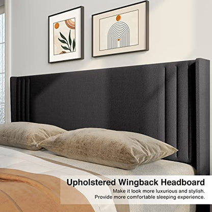 Gizoon Queen Bed Frame with Wingback Headboard, Upholstered Platform Bed | Bed Frame with Padded Headboard,Wooden Slats, Noise-Free, No Box Spring Needed, Easy Assembly,Dark Grey - color: Dark Grey, size: Queen